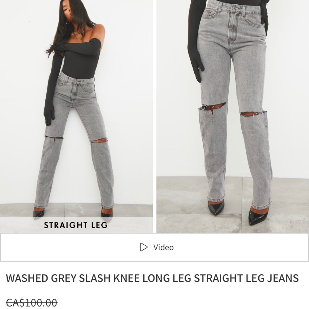 Sold❌Prettylittlethings WASHED GREY SLASH KNEE LONG LEG STRAIGHT LEG JEANS s